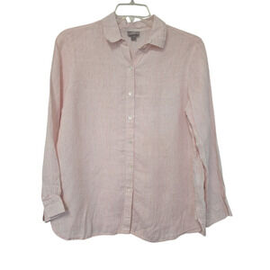 J. Jill Women's Linen Blouse Button-Up Striped Linen Pink And White Size Medium